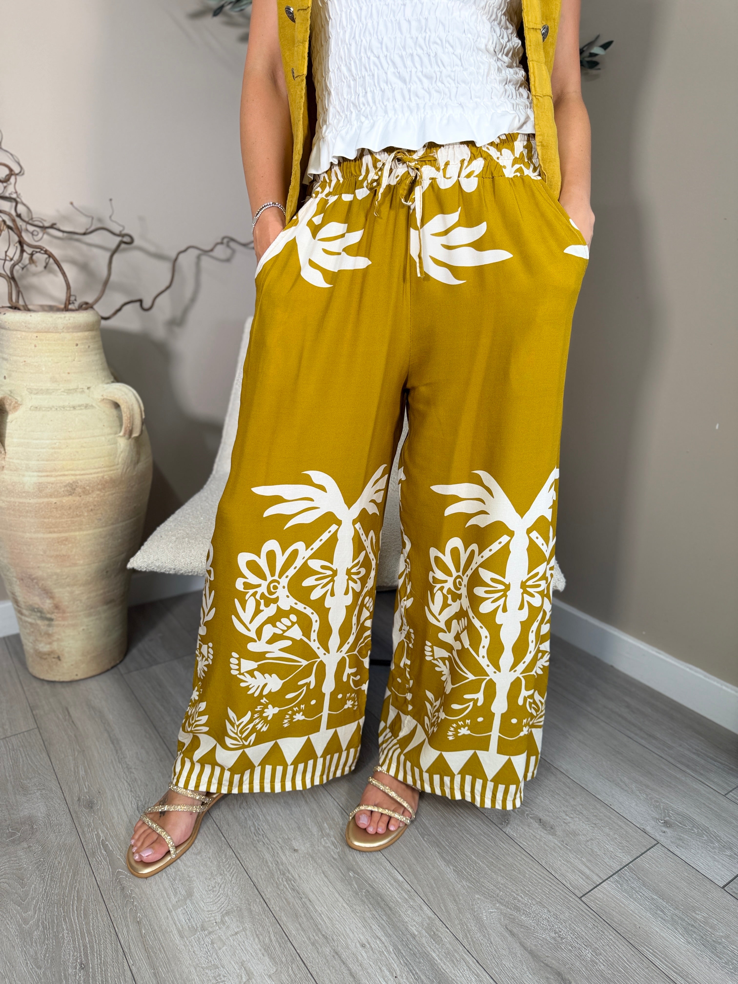 Palm Print Wide Leg Trousers