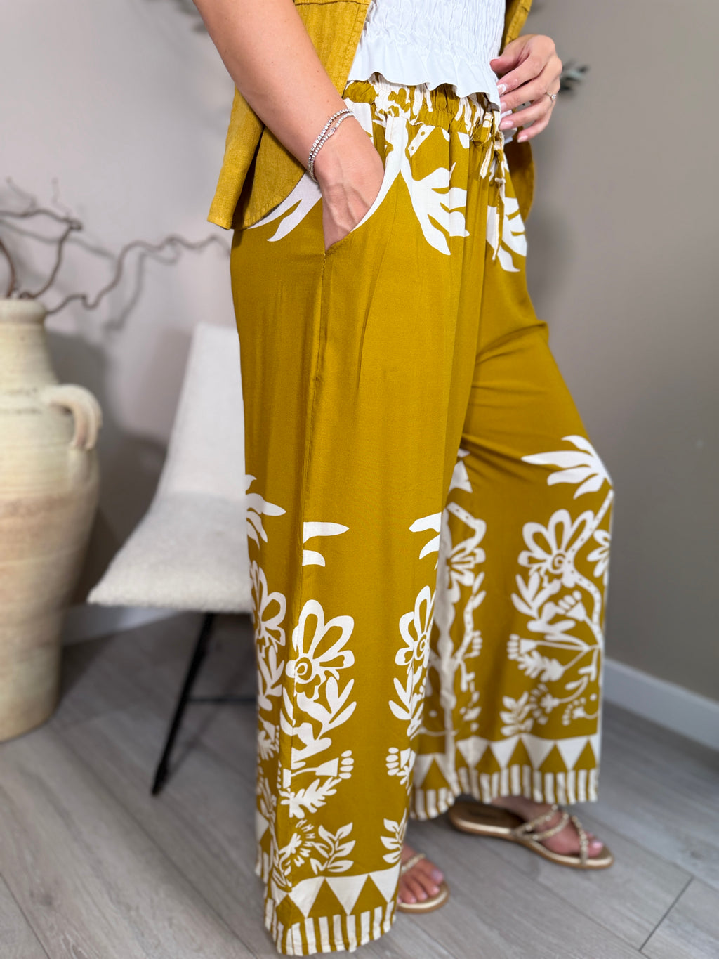 Palm Print Wide Leg Trousers