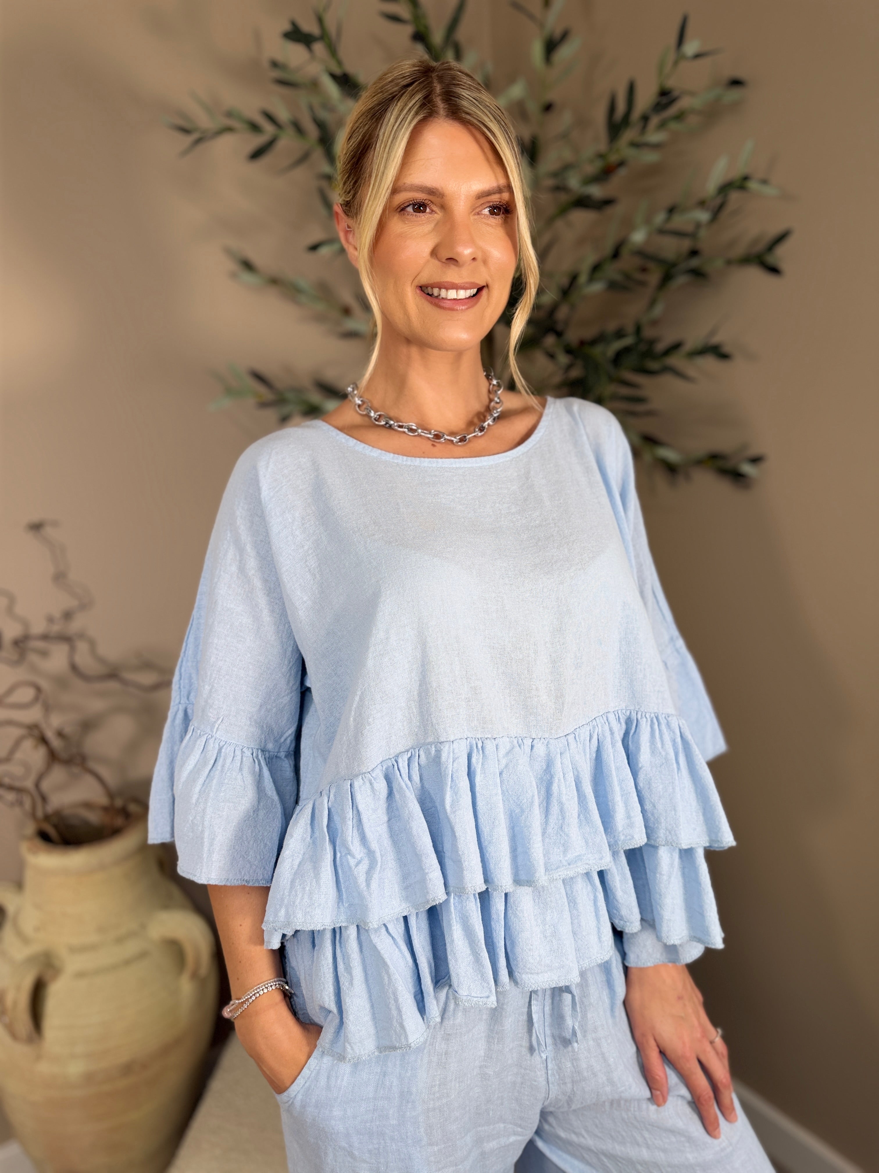 Roma Linen Double Frill Top