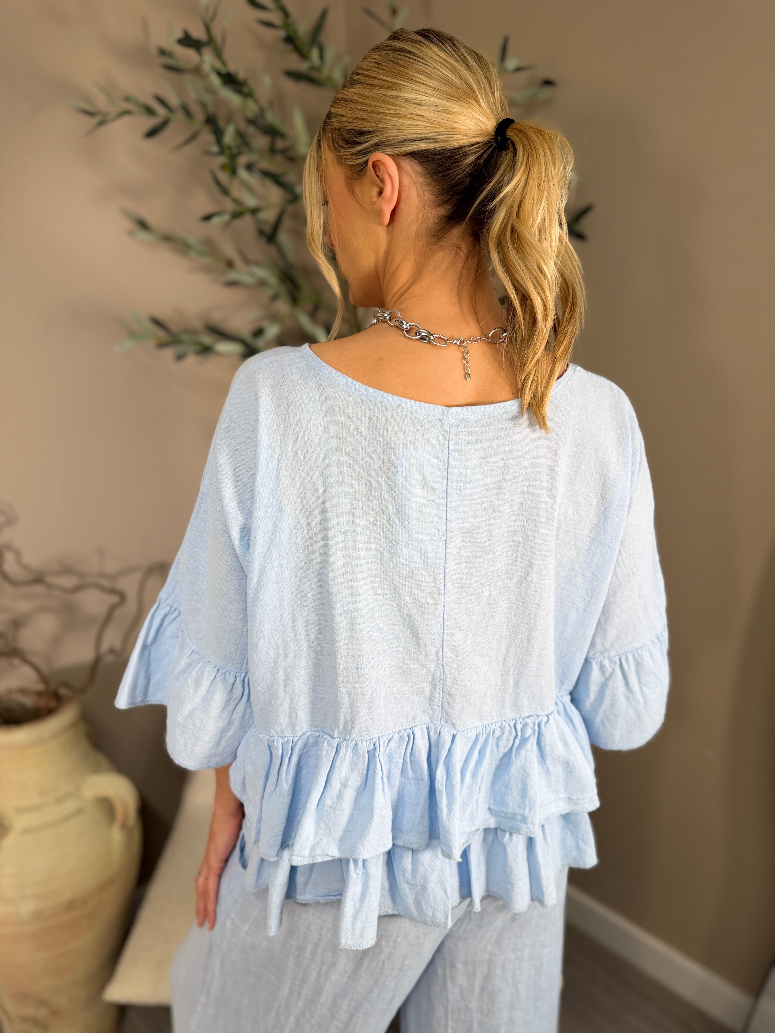 Roma Linen Double Frill Top