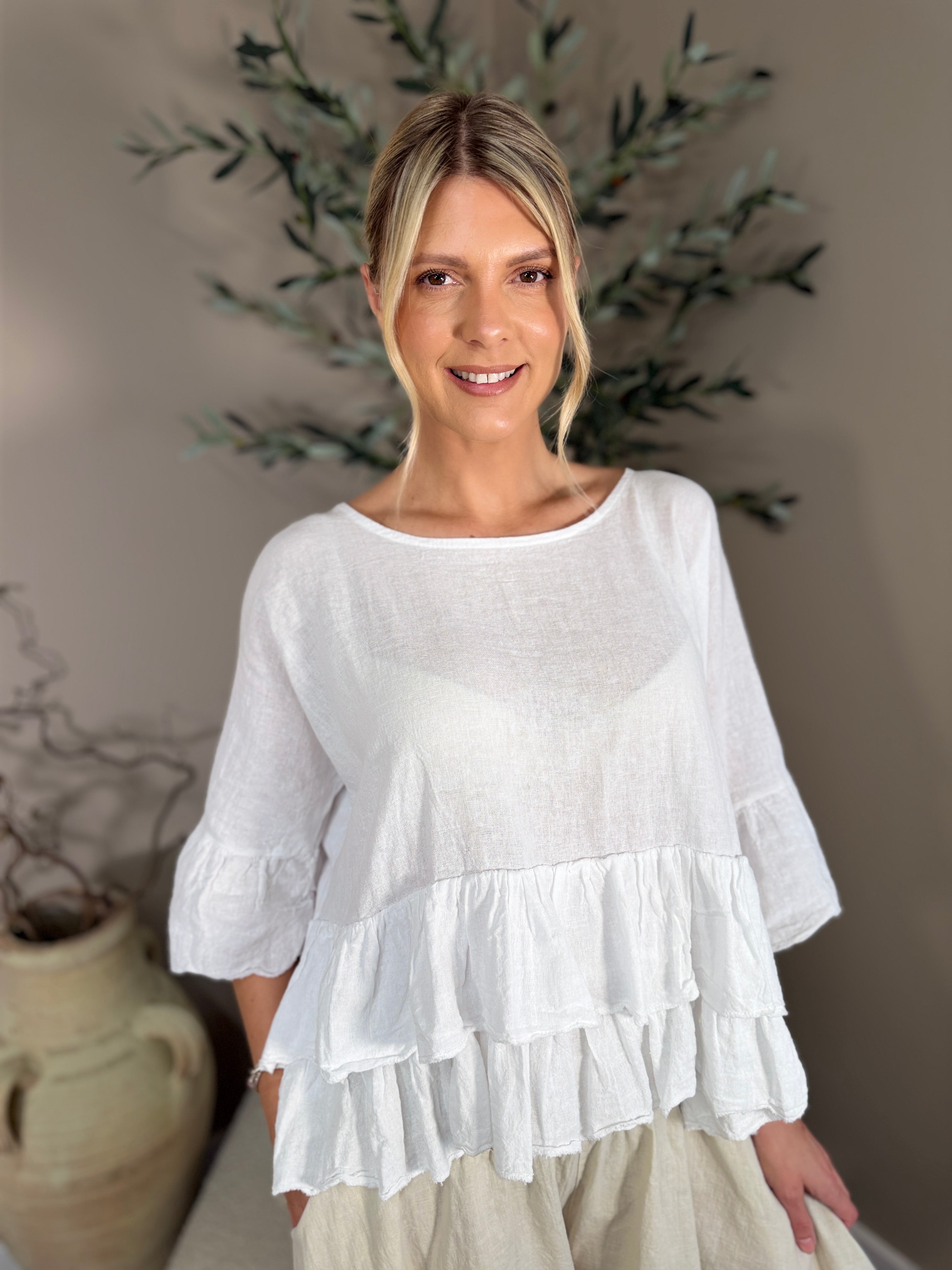 Roma Linen Double Frill Top