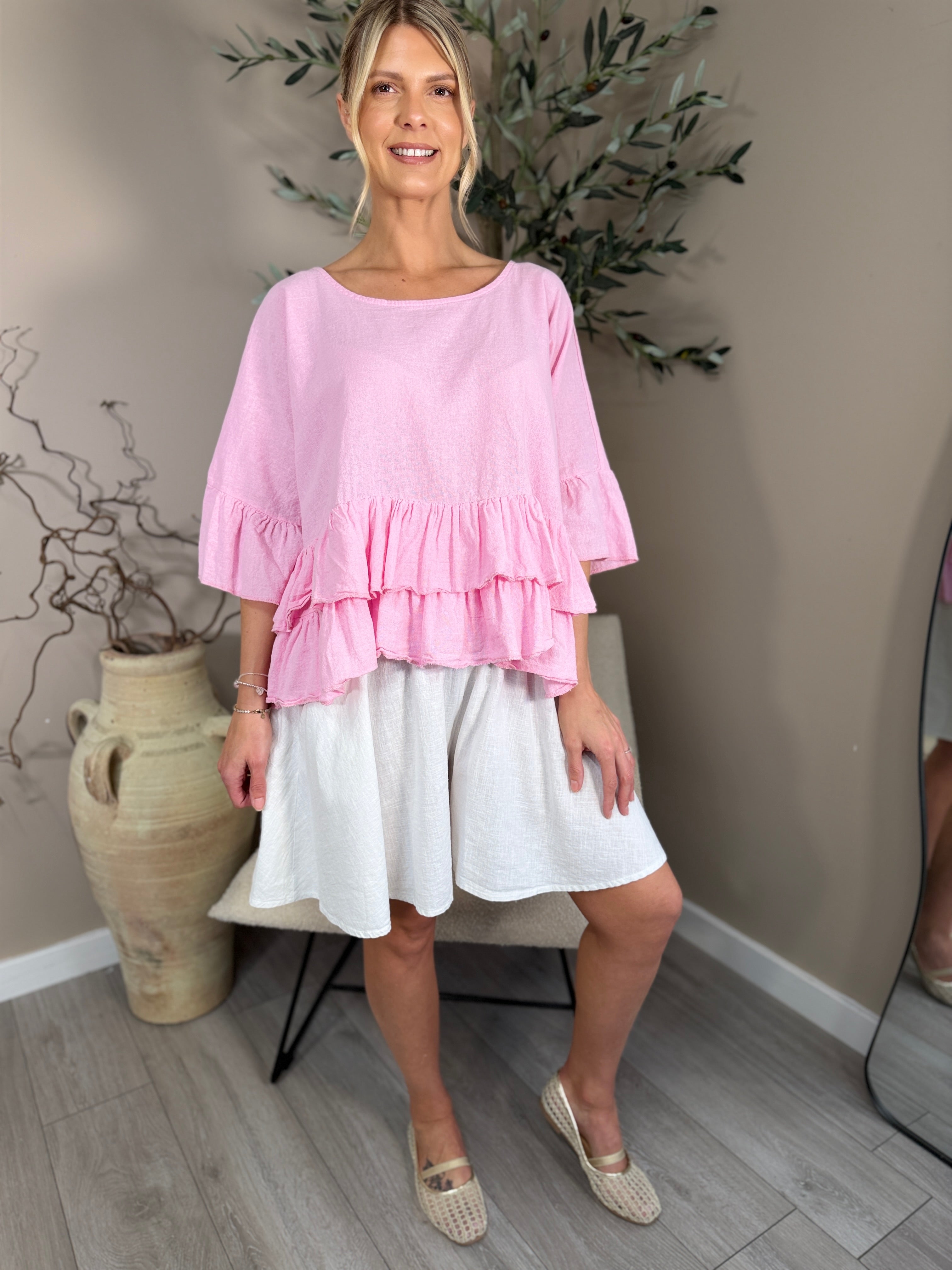 Roma Linen Double Frill Top