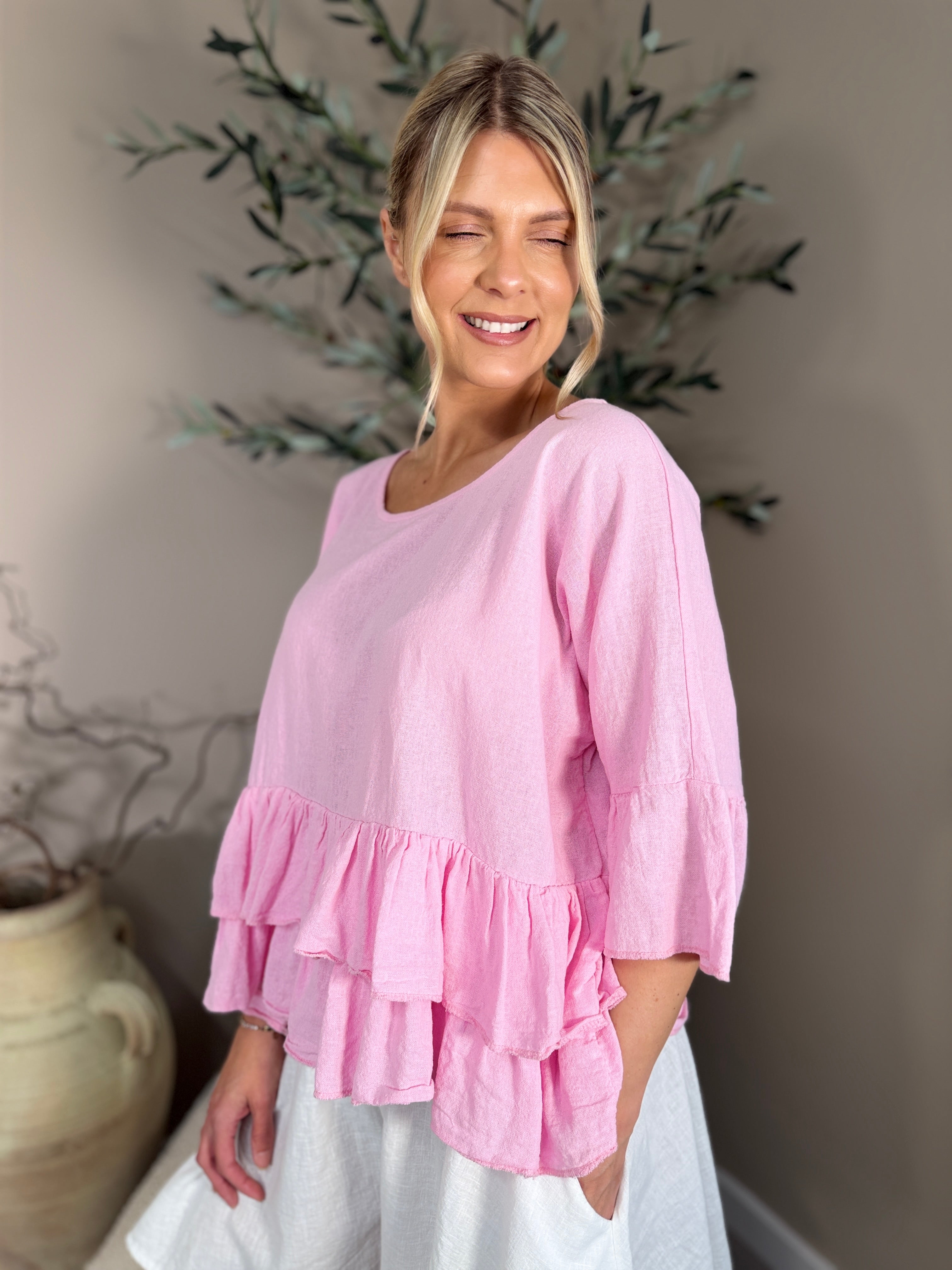 Roma Linen Double Frill Top