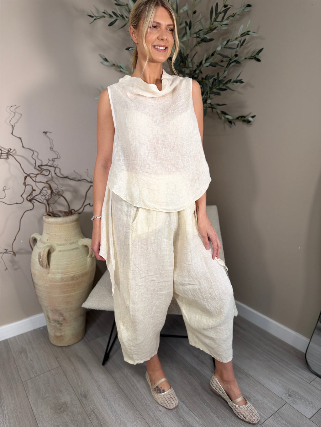 Roma Linen Cowl Neck Top