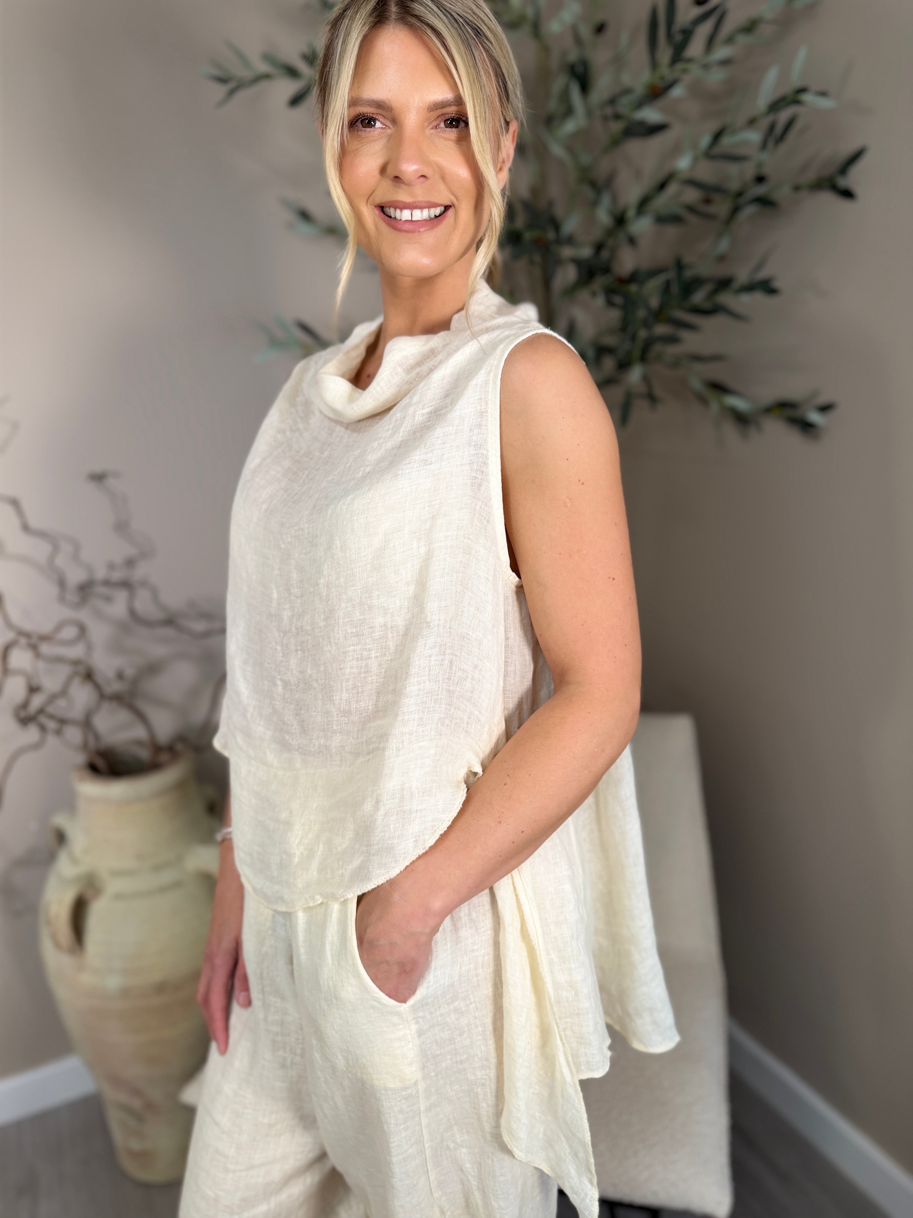 Roma Linen Cowl Neck Top