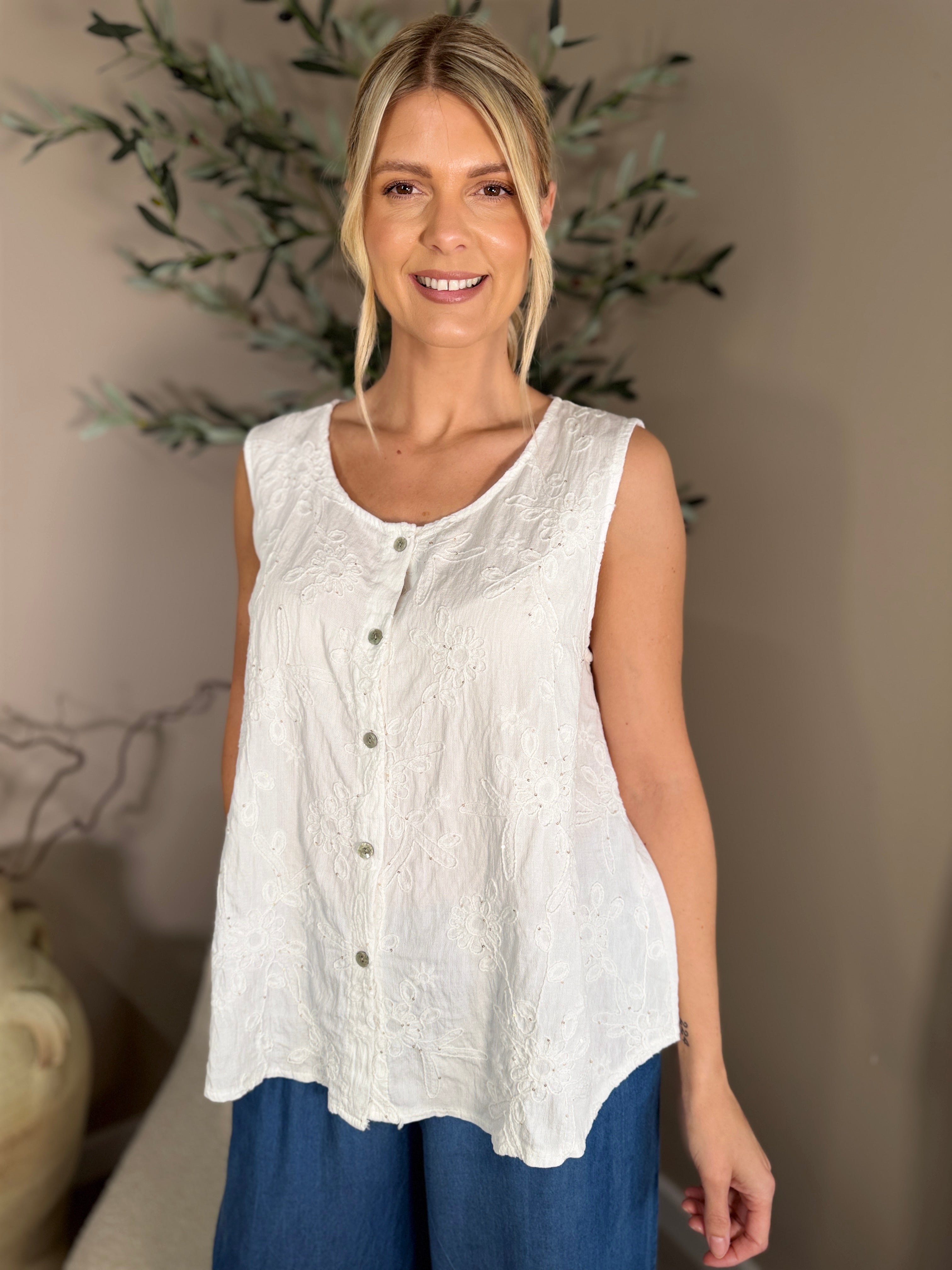 Harlow Button Front Sequin Top