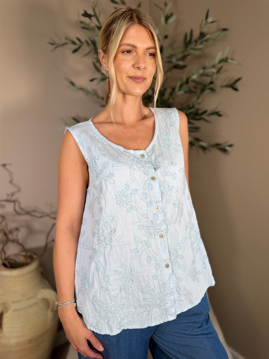 Harlow Button Front Sequin Top