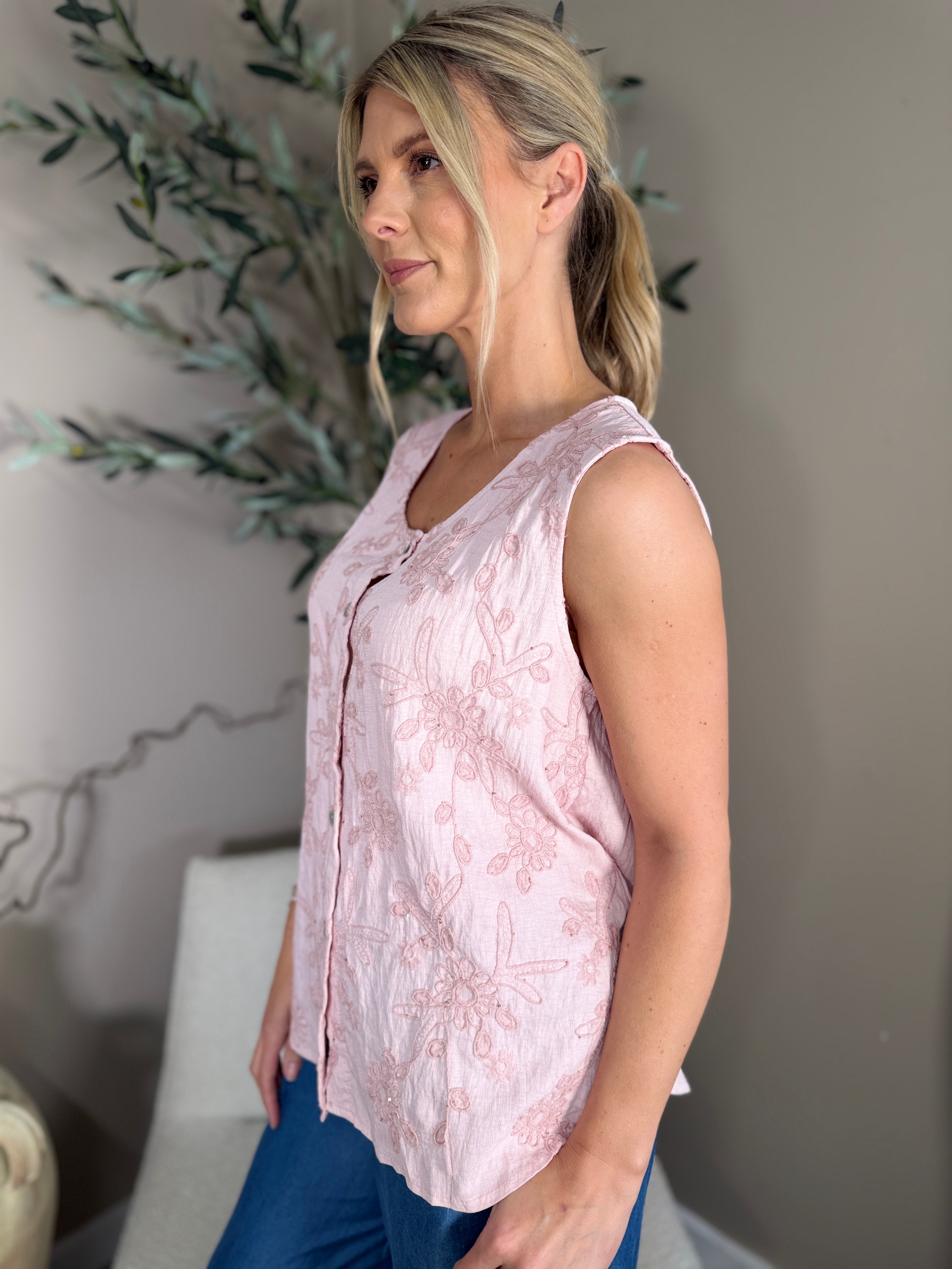 Harlow Button Front Sequin Top