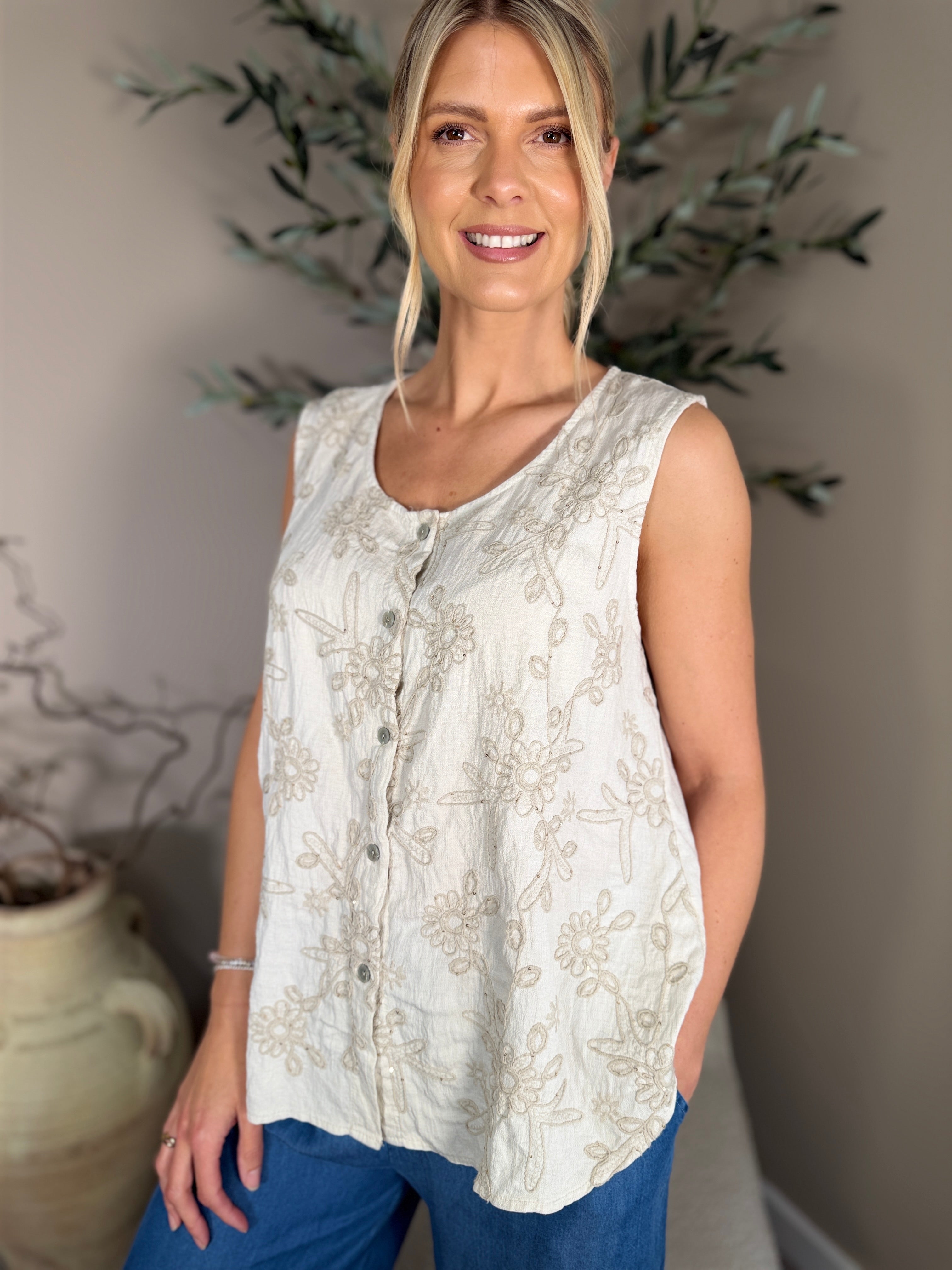 Harlow Button Front Sequin Top