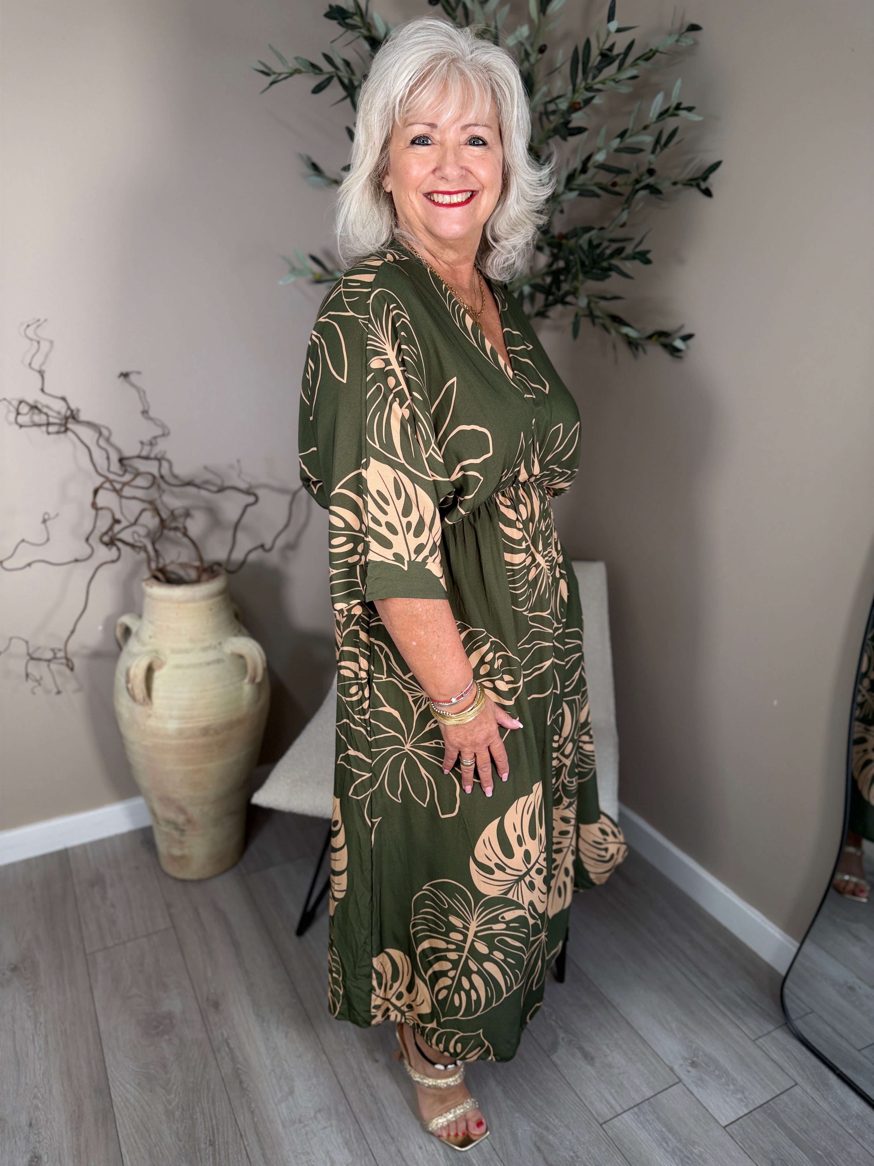 Palm Leaf V Neck Dress