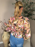 Puff Sleeve Pink Leaf Blouse