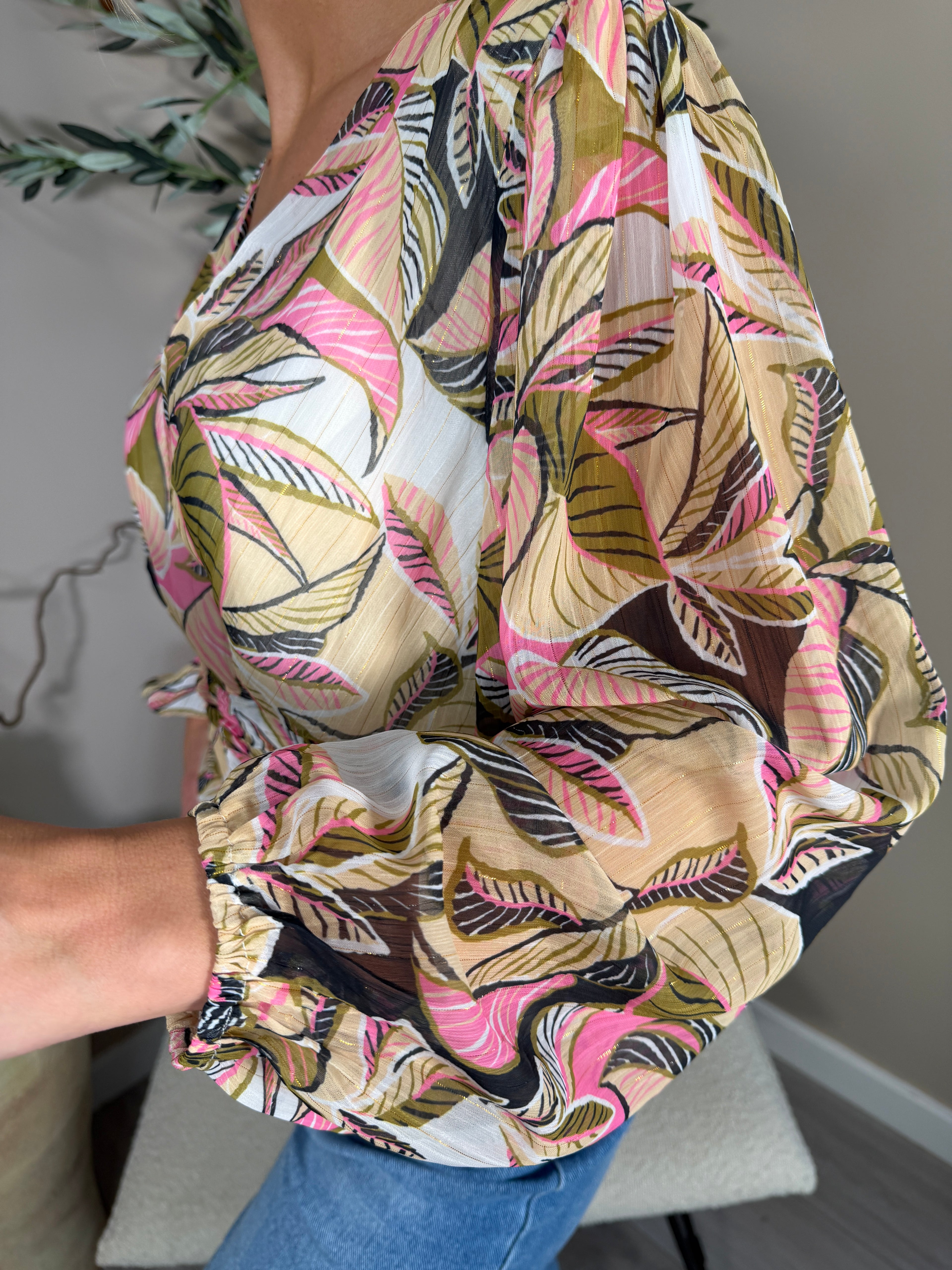 Puff Sleeve Pink Leaf Blouse