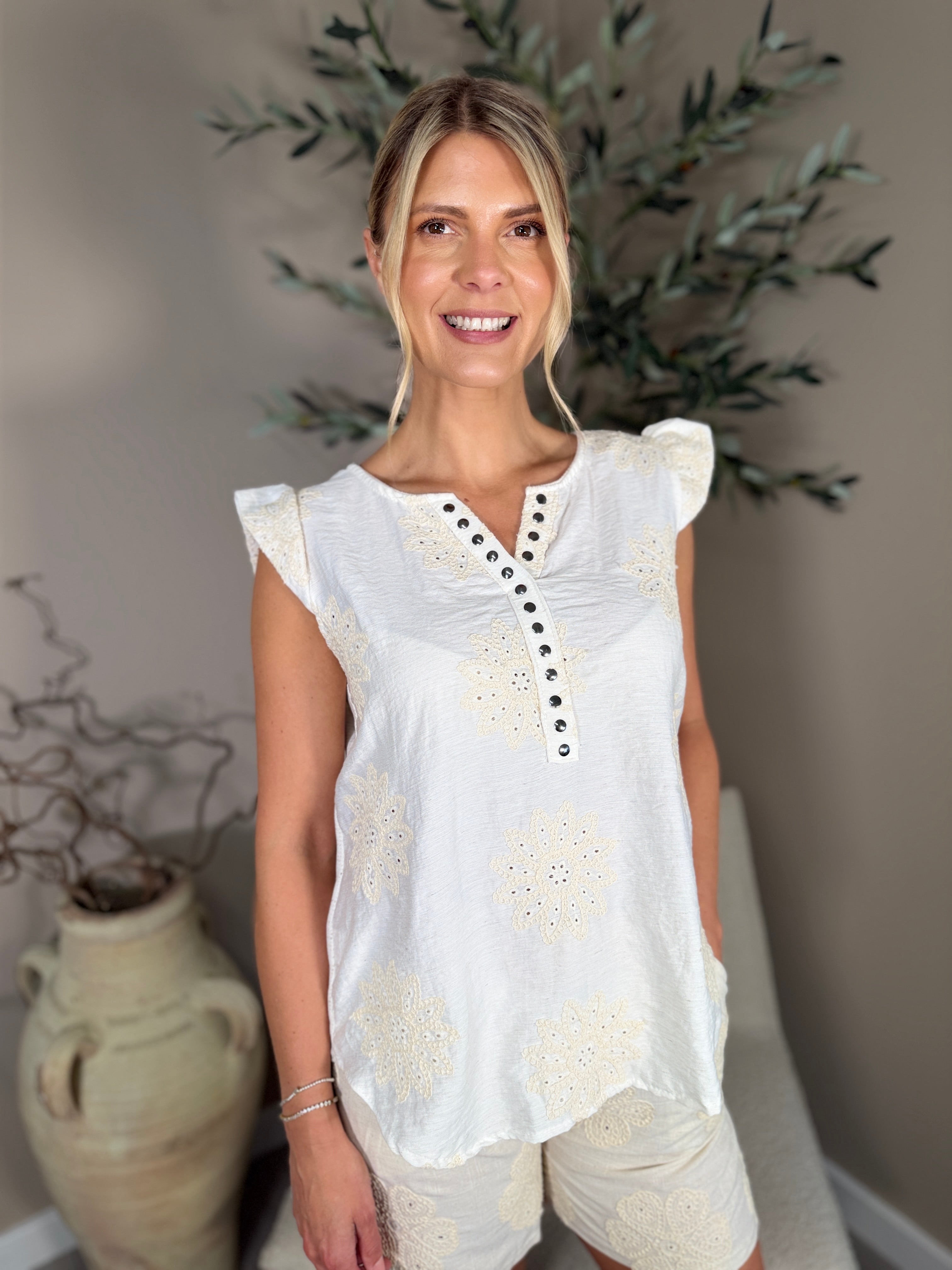 Malta Embroidered Stud Top