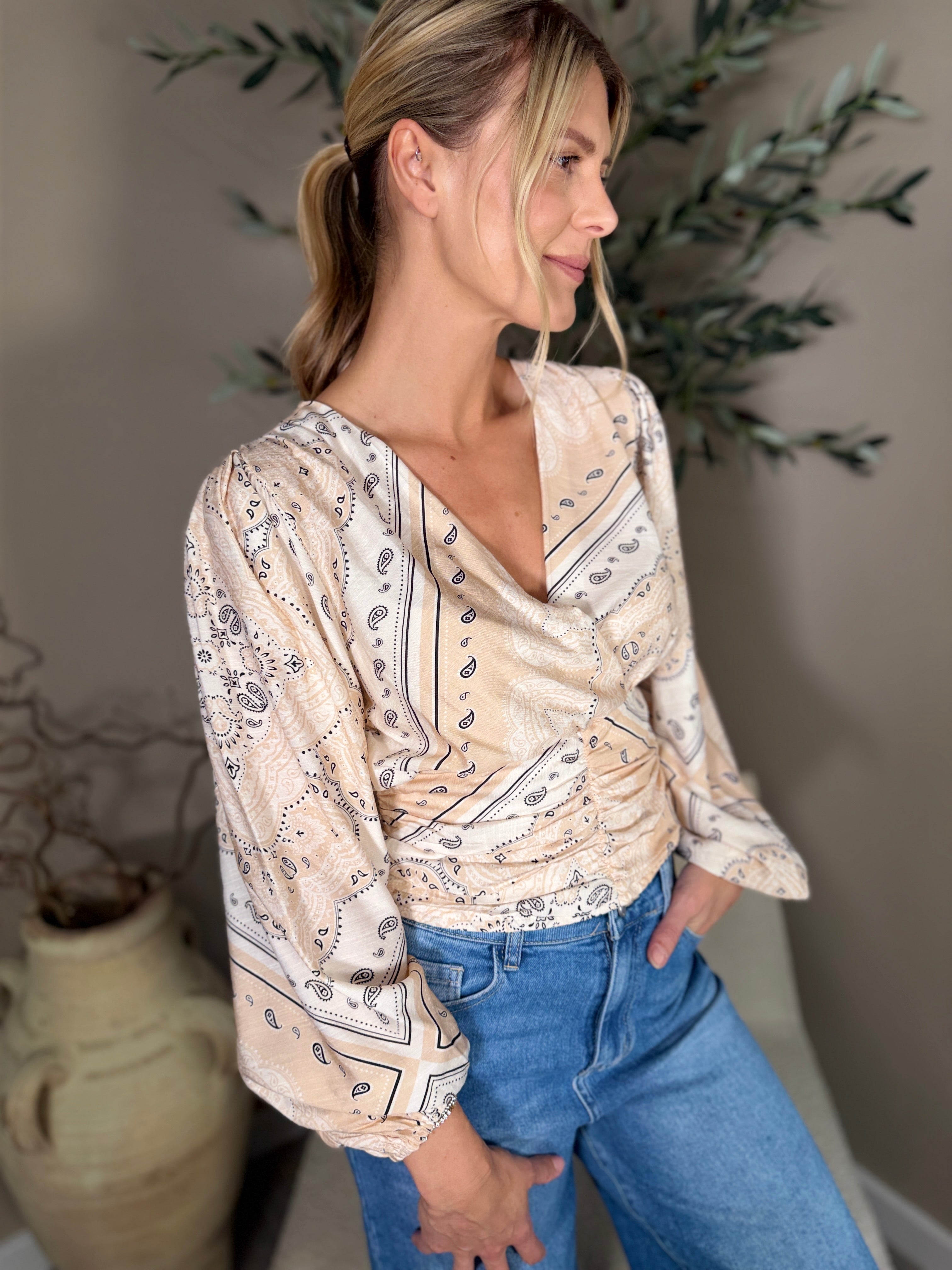 Puff Sleeve Paisley Print Blouse