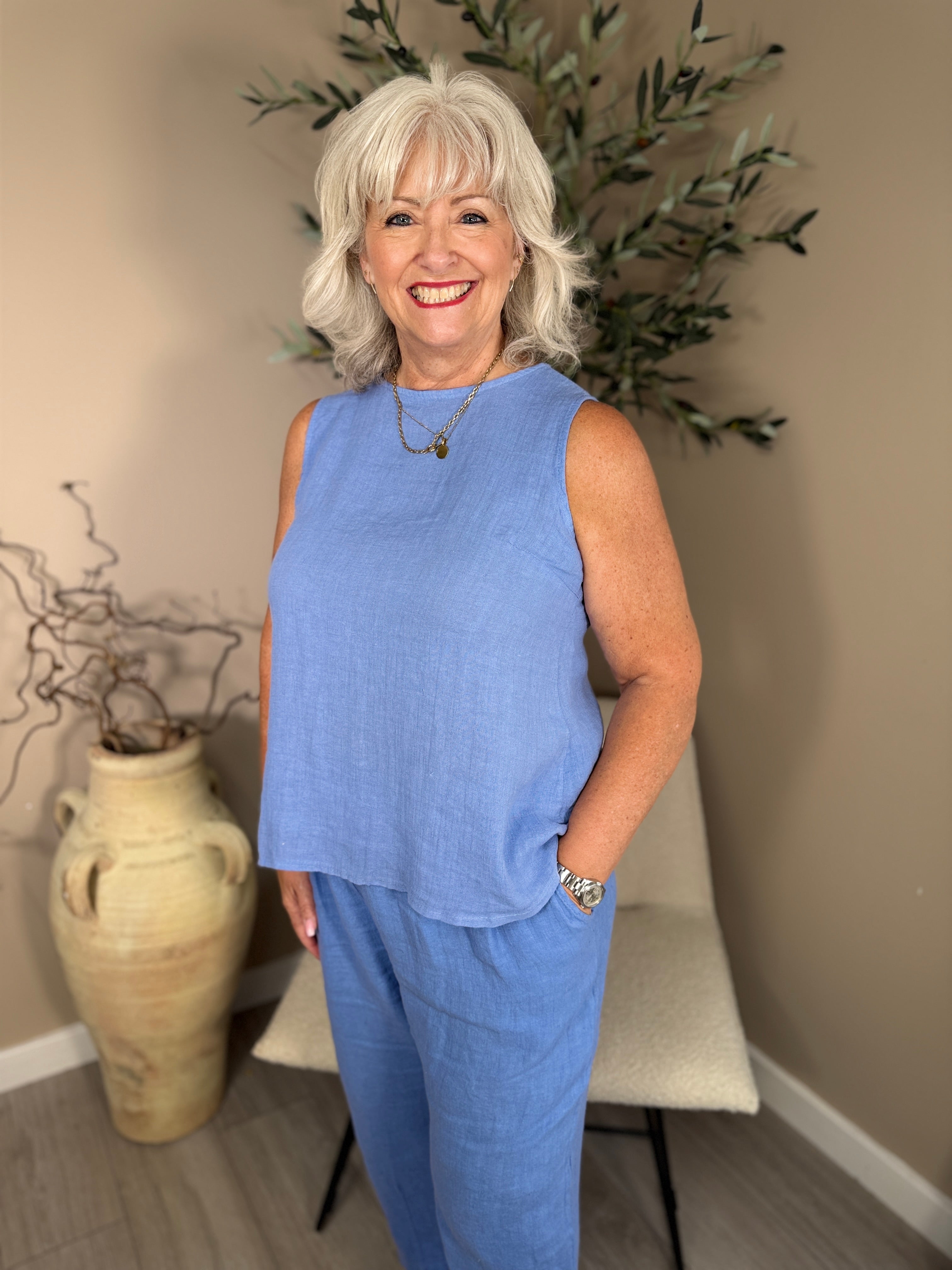 Roma Linen Button Back Sleeveless Top
