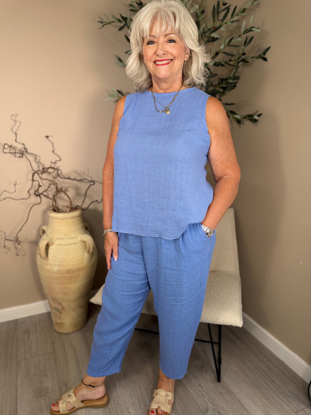 Roma Linen Button Back Sleeveless Top