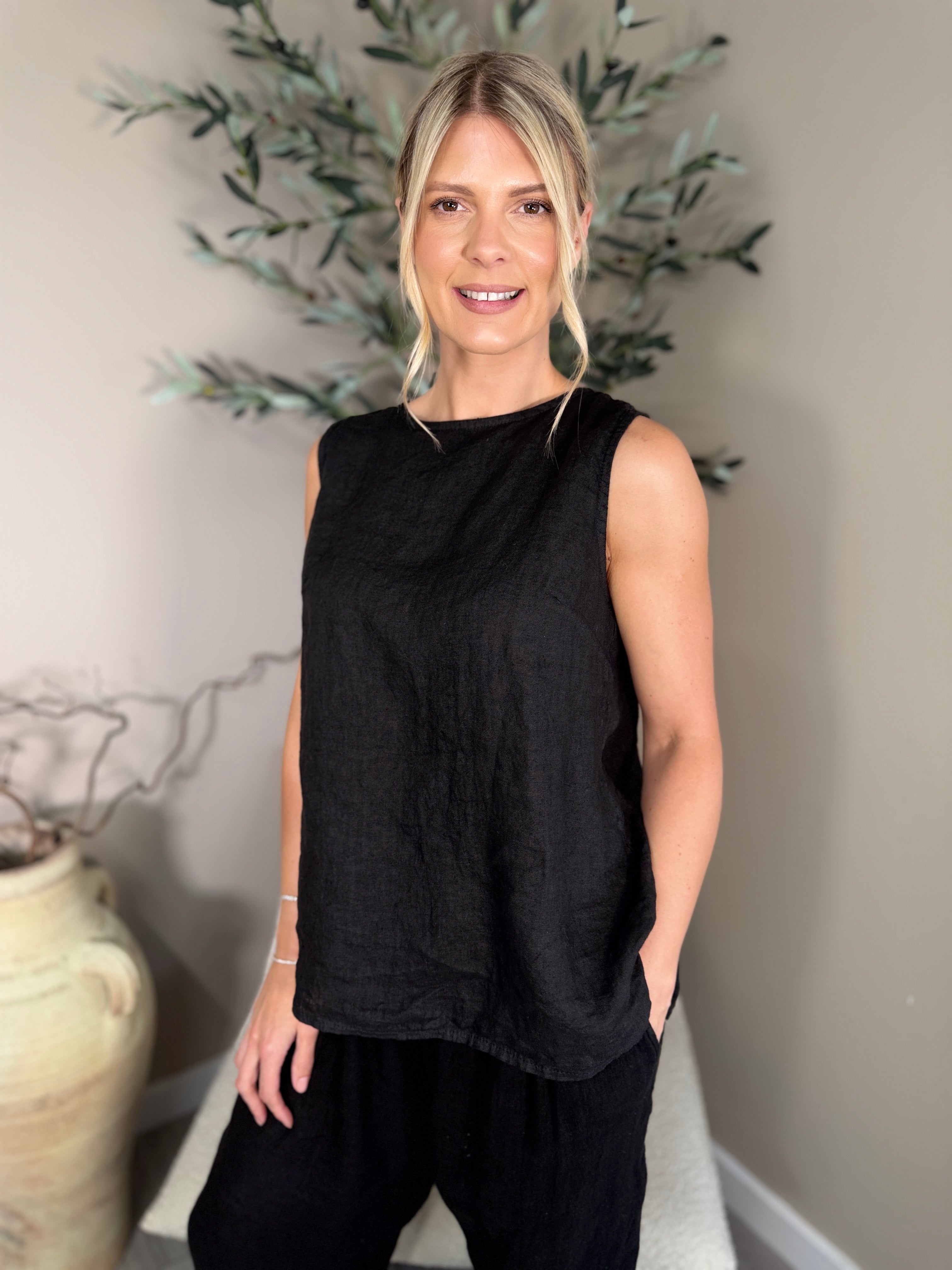 Roma Linen Button Back Sleeveless Top