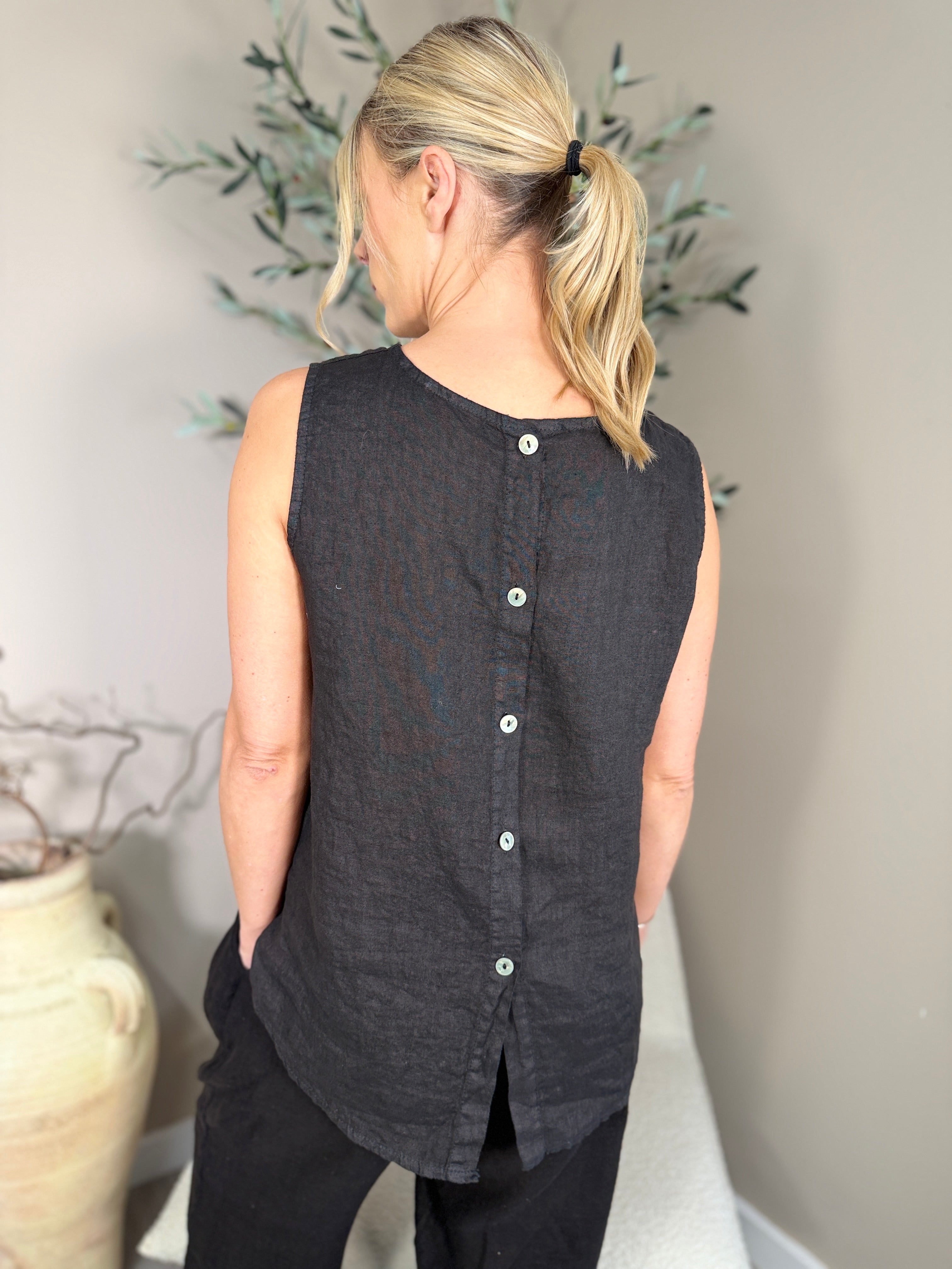 Roma Linen Button Back Sleeveless Top