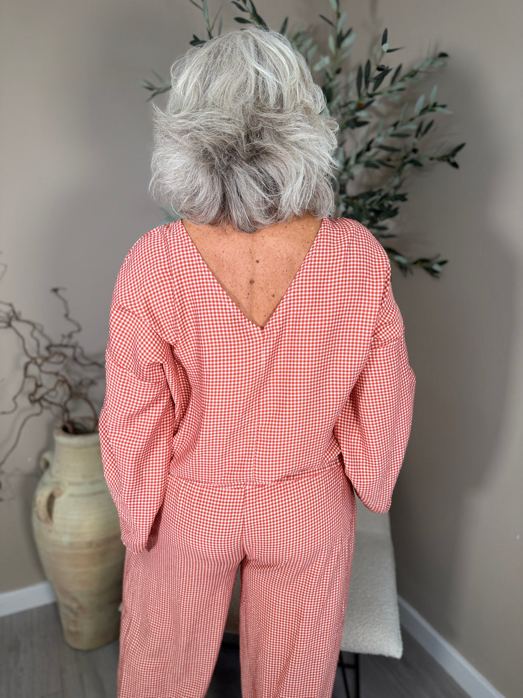 Genoa Red Gingham V Back Top