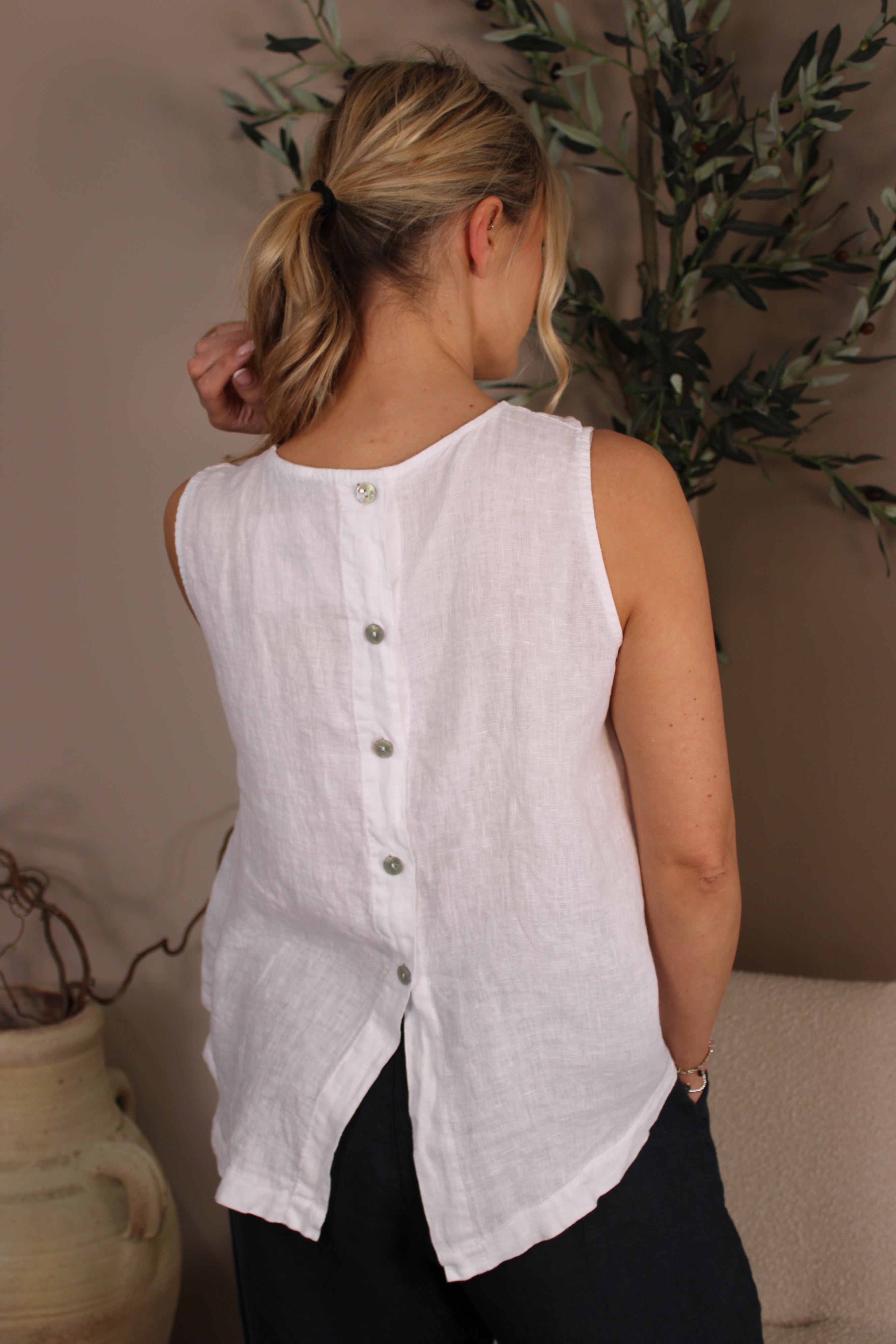 Roma Linen Button Back Sleeveless Top