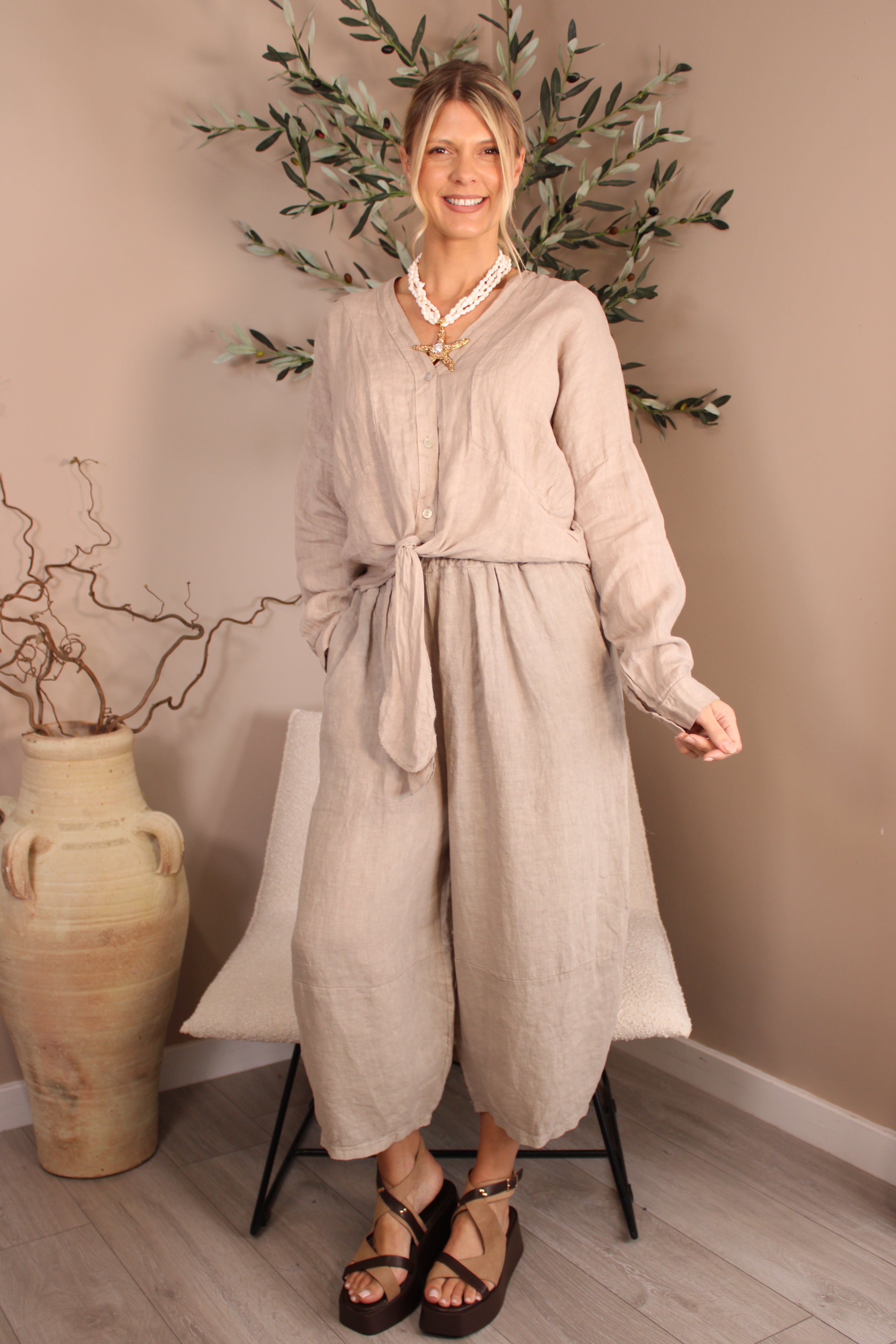 Roma Linen Tie Front Top