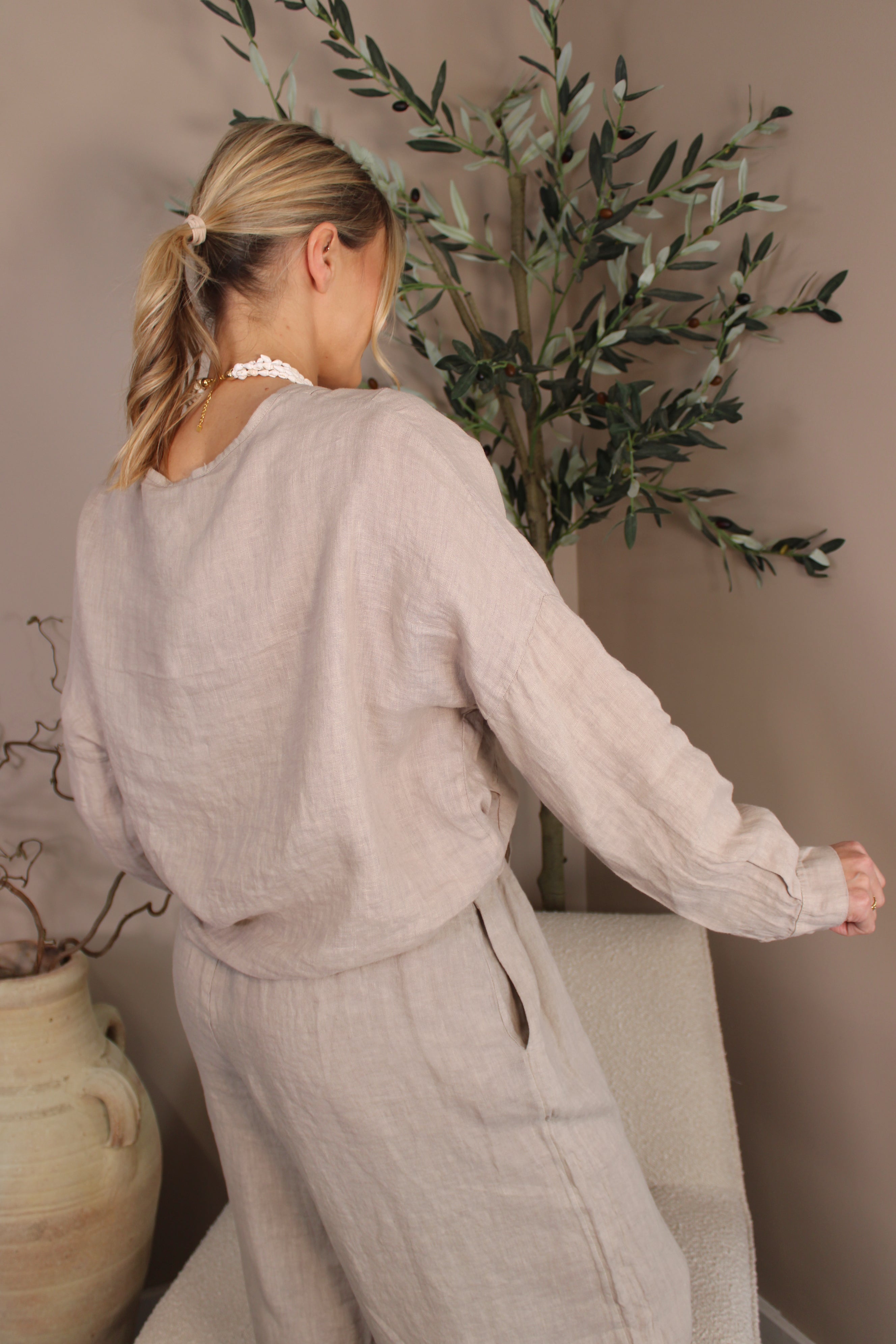 Roma Linen Tie Front Top