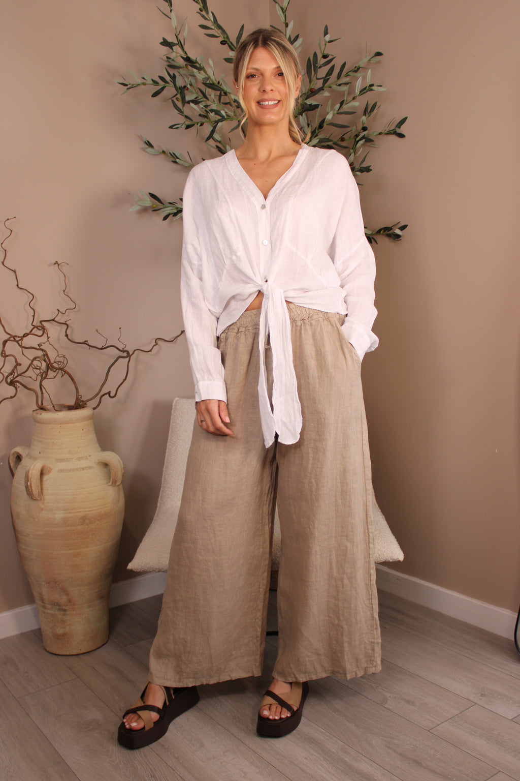 Roma Linen Tie Front Top