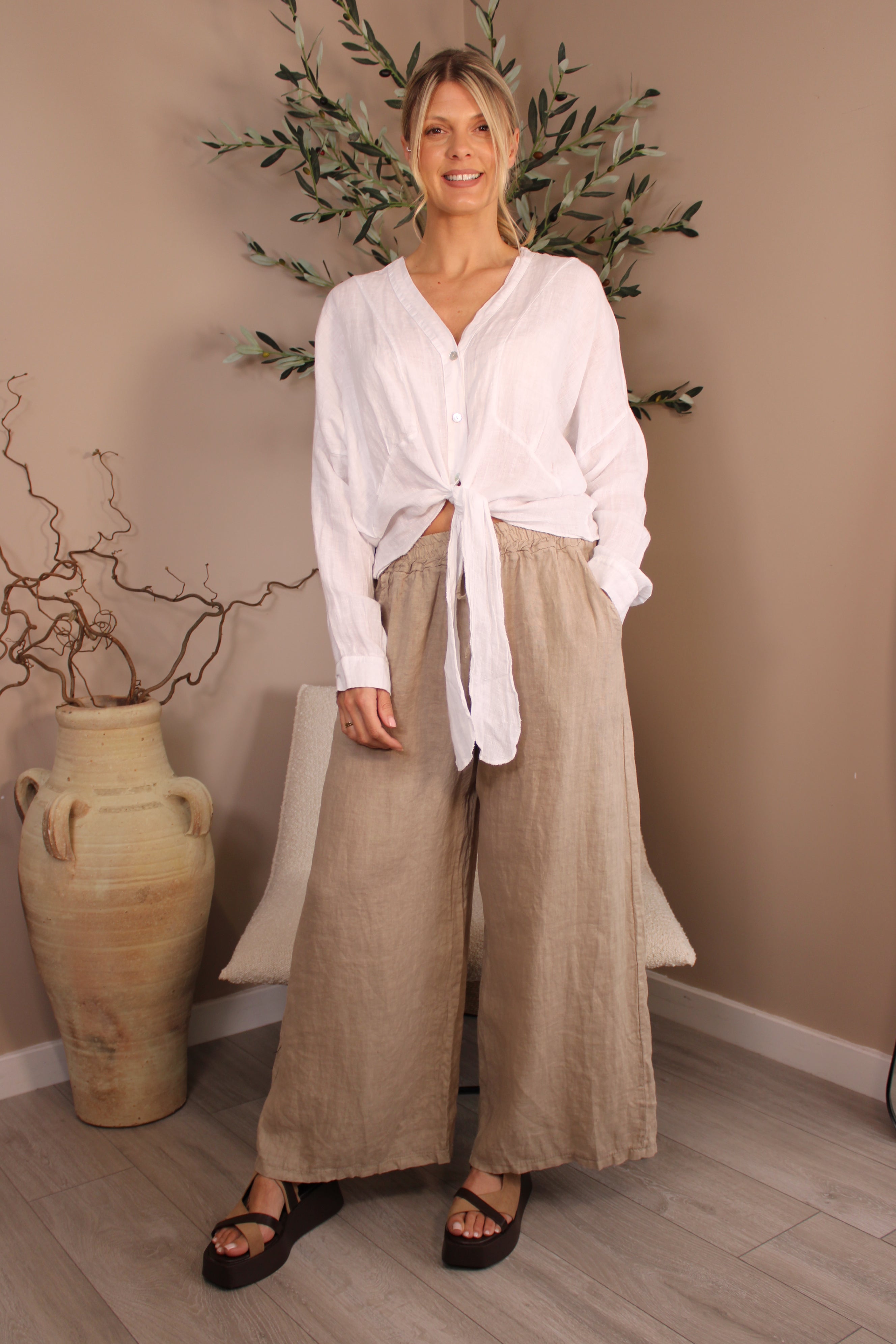 Roma Linen Tie Front Top