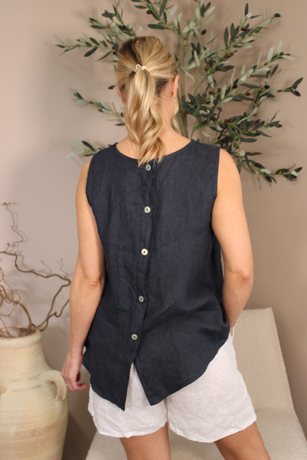 Roma Linen Button Back Sleeveless Top