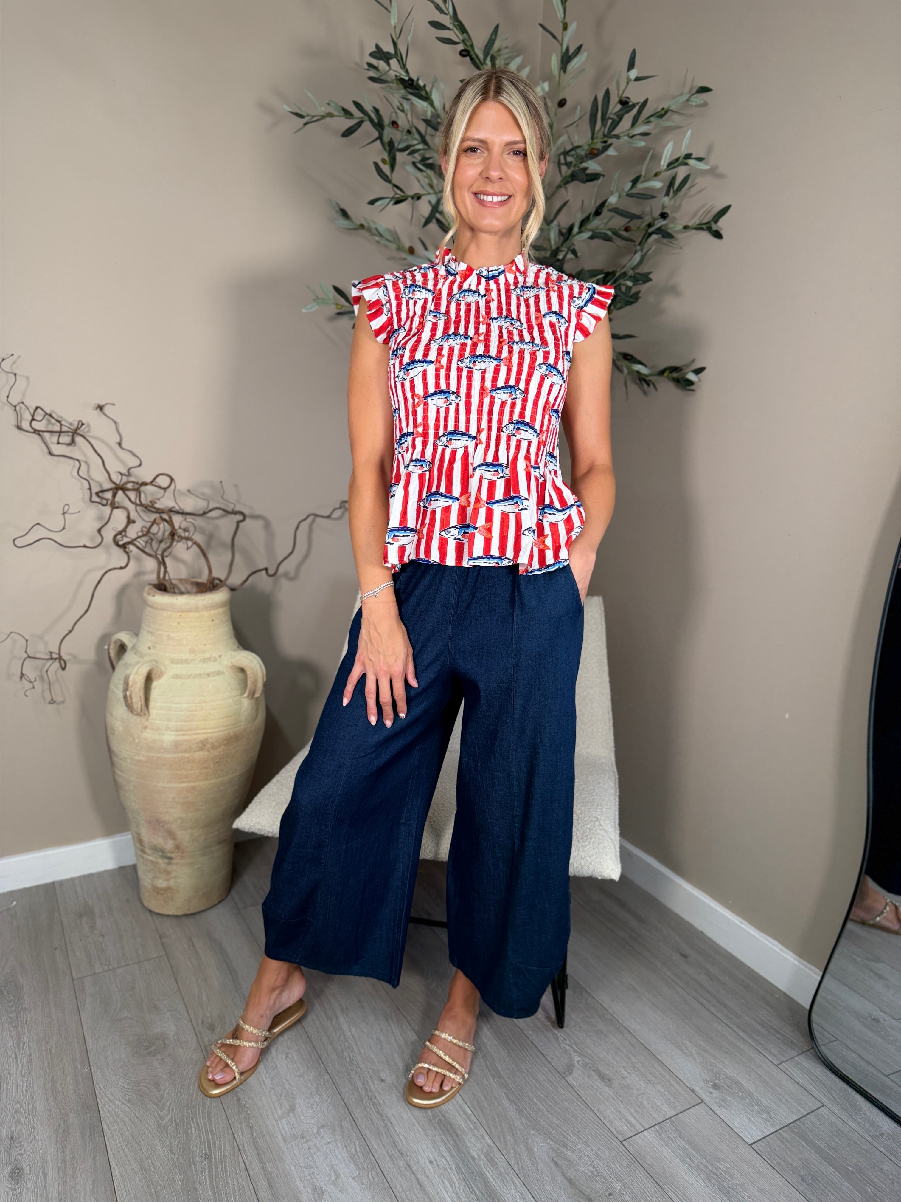Red Stripe Capri Frill Top
