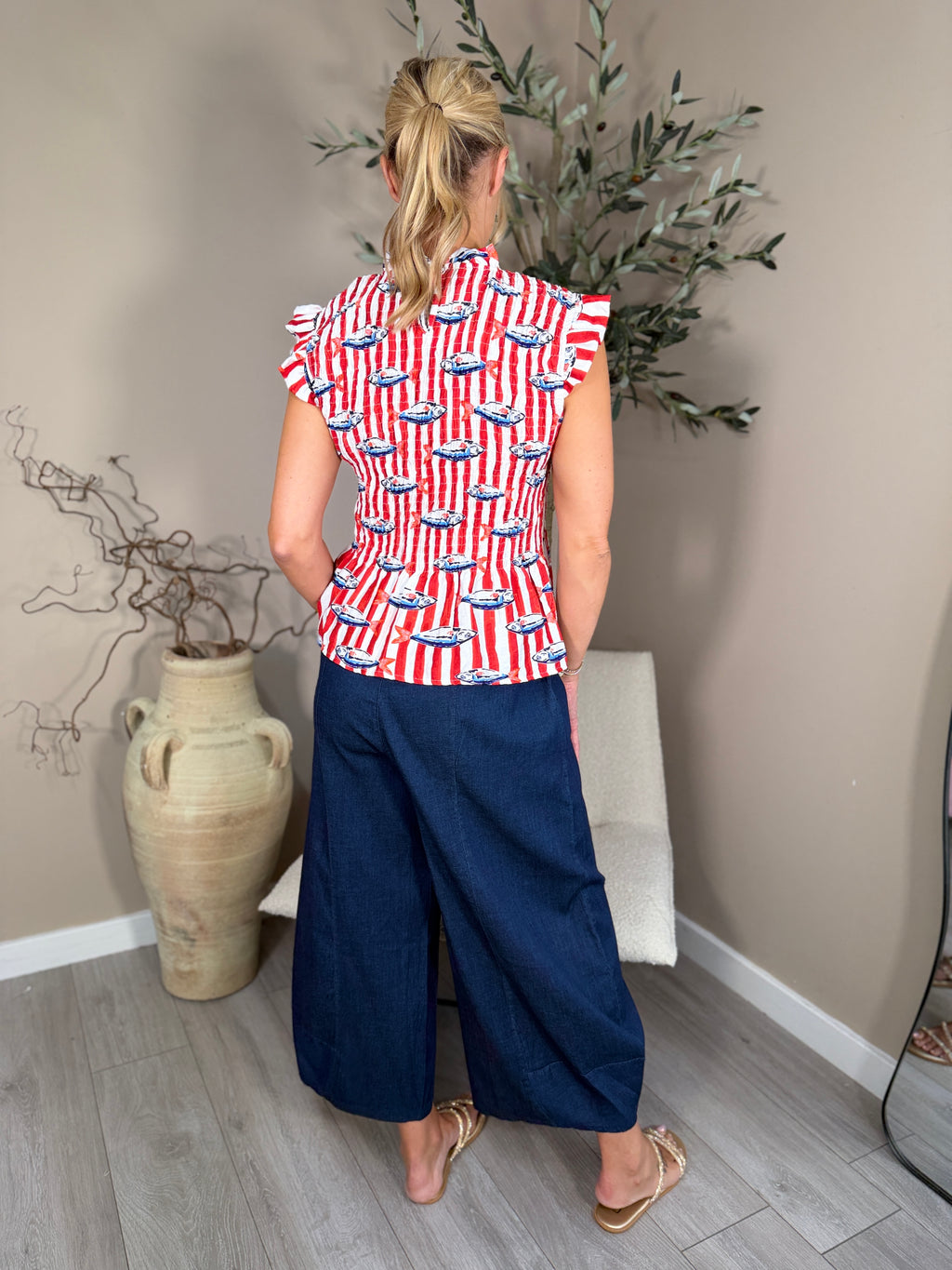 Red Stripe Capri Frill Top