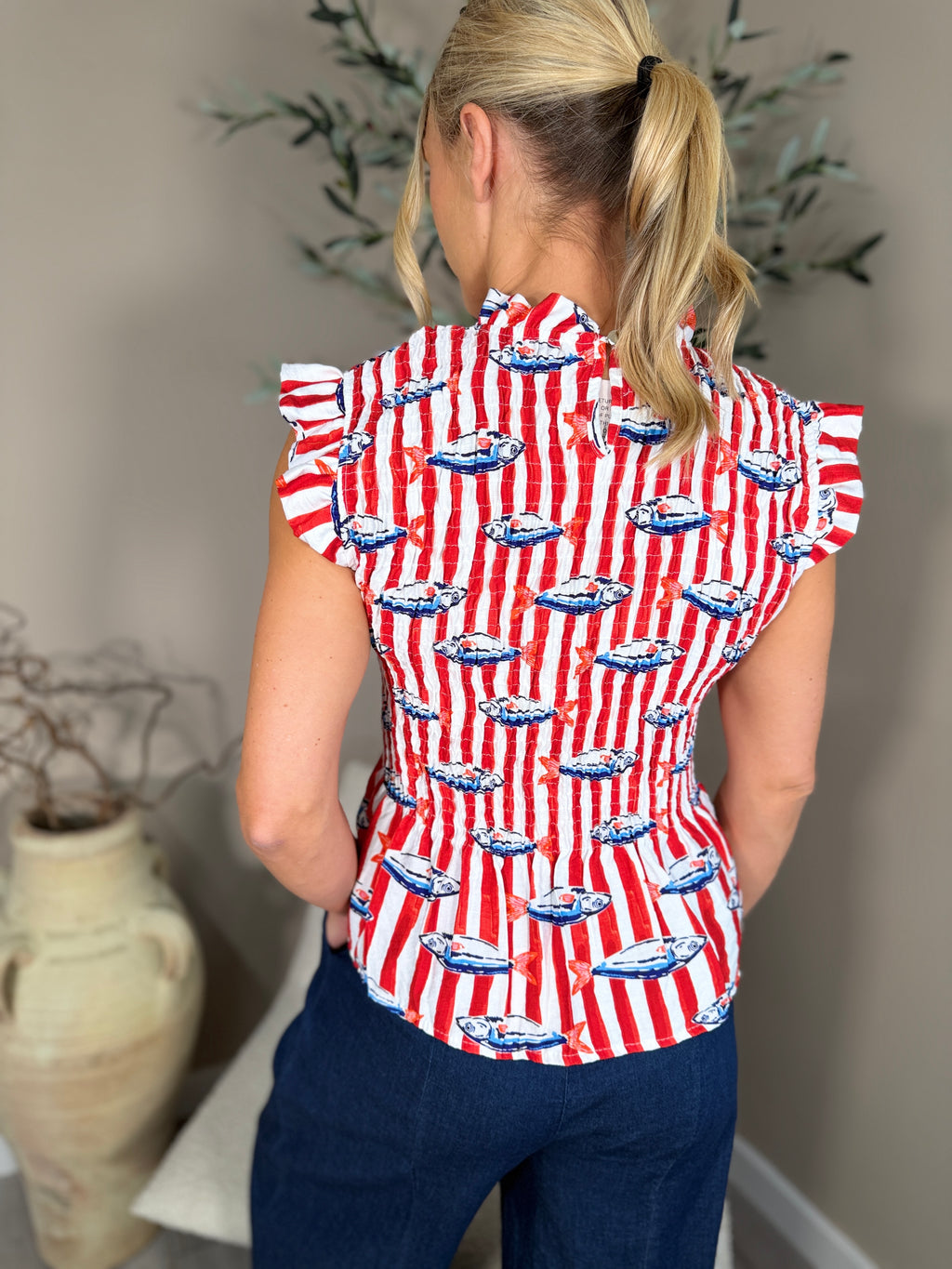 Red Stripe Capri Frill Top