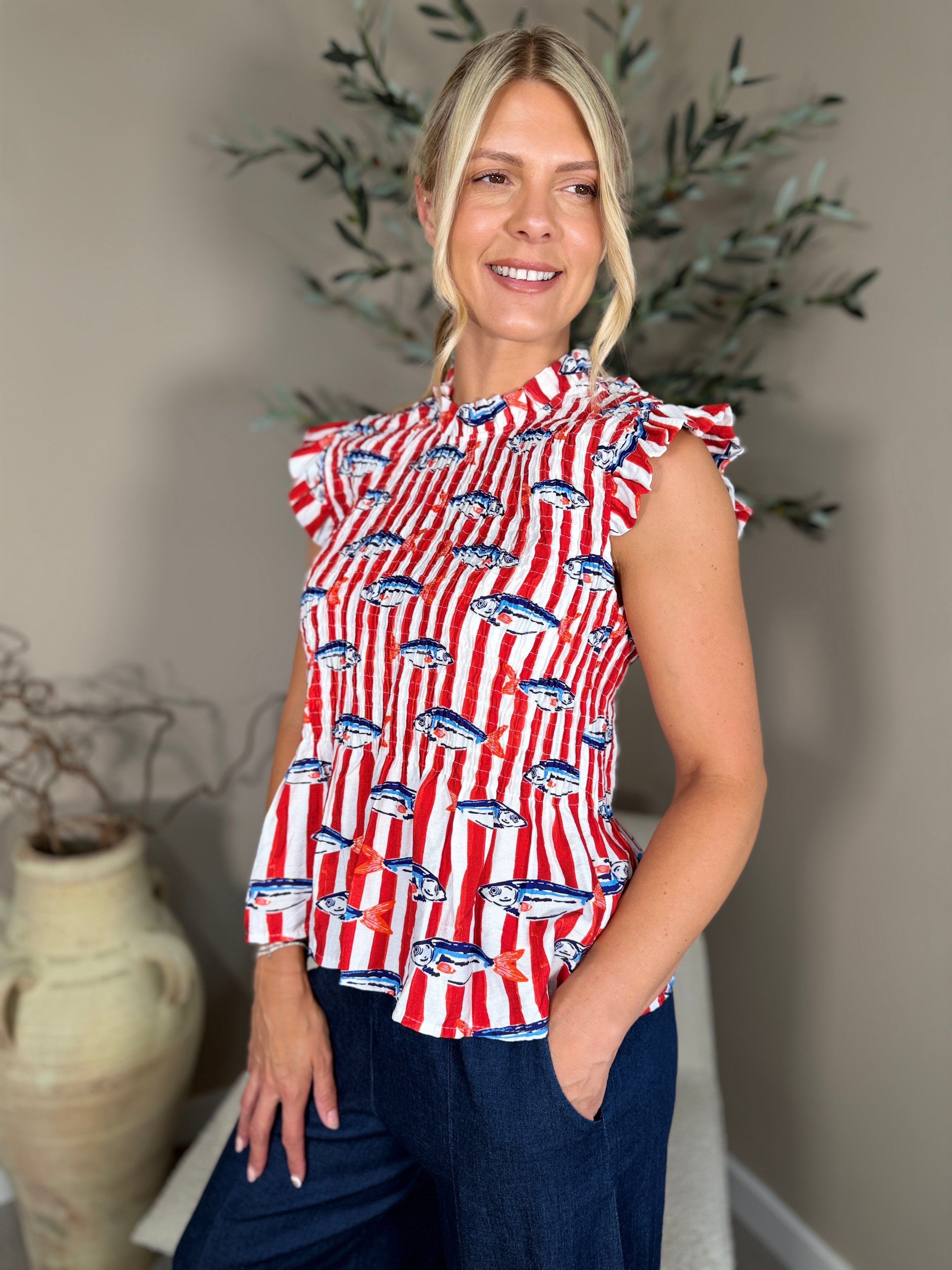Red Stripe Capri Frill Top